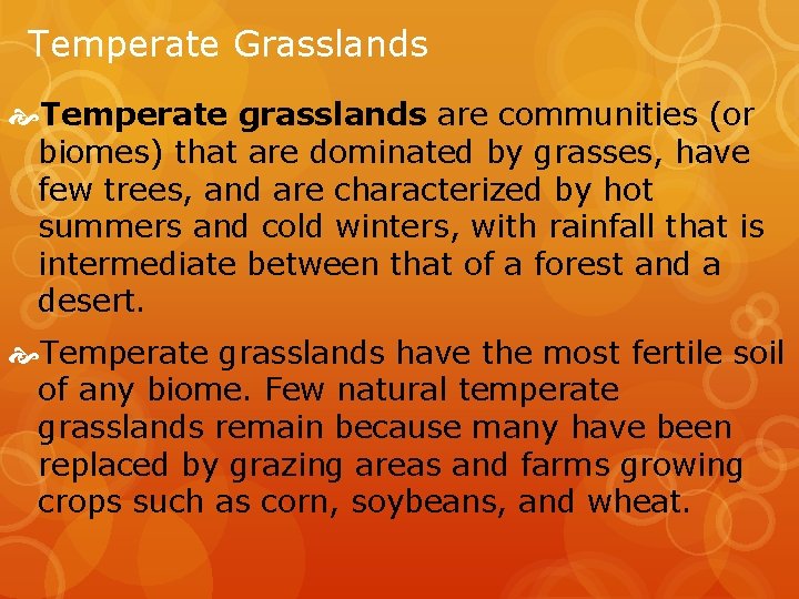 Temperate Grasslands Temperate grasslands are communities (or biomes) that are dominated by grasses, have
