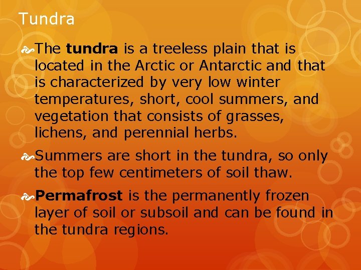 Tundra The tundra is a treeless plain that is located in the Arctic or