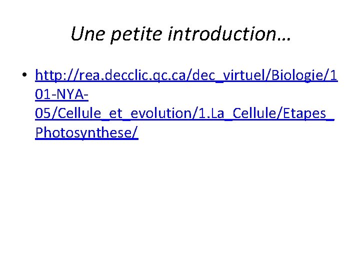 Une petite introduction… • http: //rea. decclic. qc. ca/dec_virtuel/Biologie/1 01 -NYA 05/Cellule_et_evolution/1. La_Cellule/Etapes_ Photosynthese/