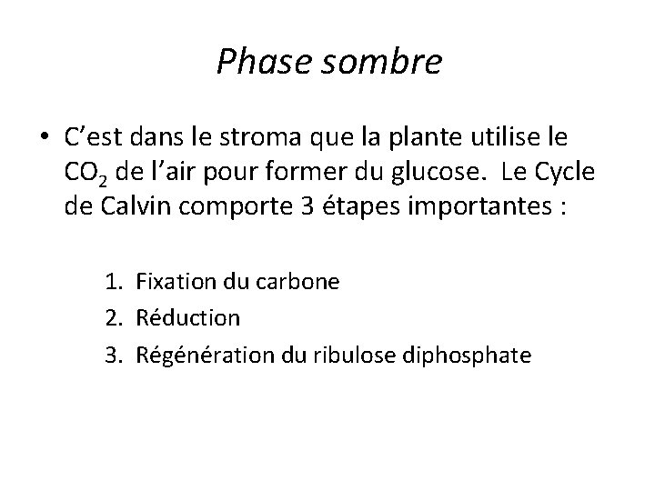 Phase sombre • C’est dans le stroma que la plante utilise le CO 2