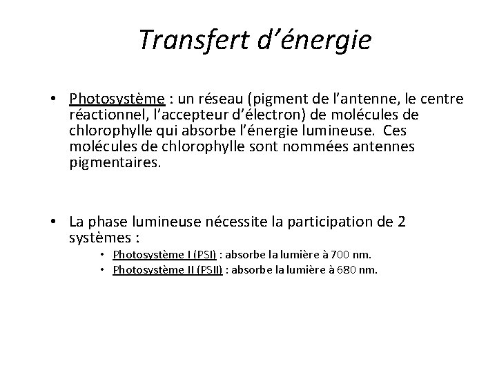 Transfert d’énergie • Photosystème : un réseau (pigment de l’antenne, le centre réactionnel, l’accepteur