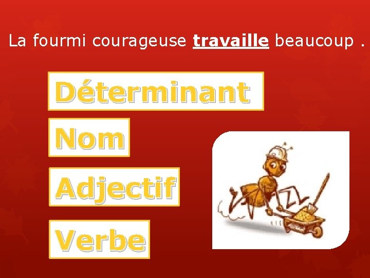 La fourmi courageuse travaille beaucoup. Déterminant Nom Adjectif Verbe 