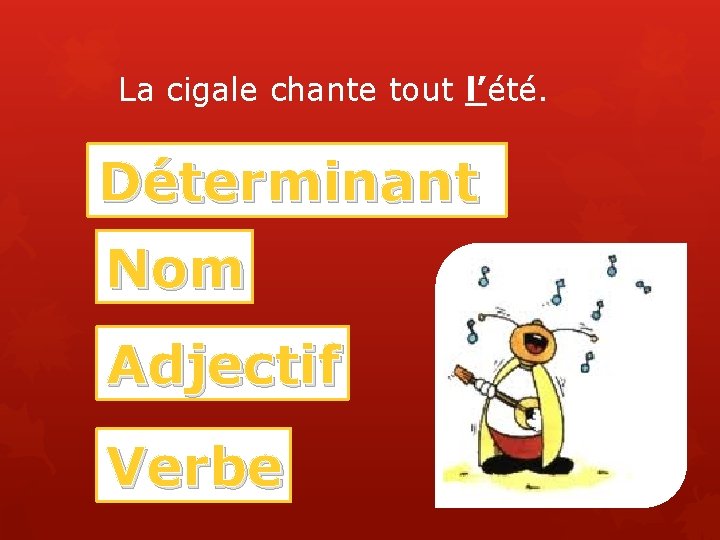 La cigale chante tout l’été. Déterminant Nom Adjectif Verbe 