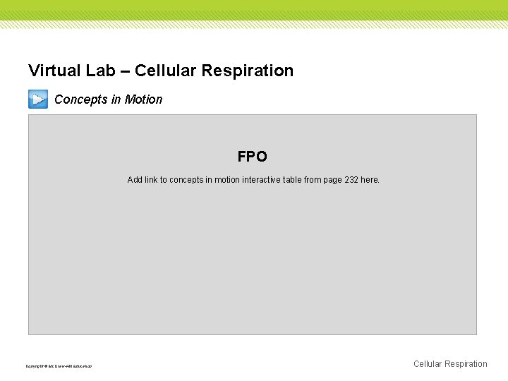 Virtual Lab – Cellular Respiration Concepts in Motion FPO Add link to concepts in