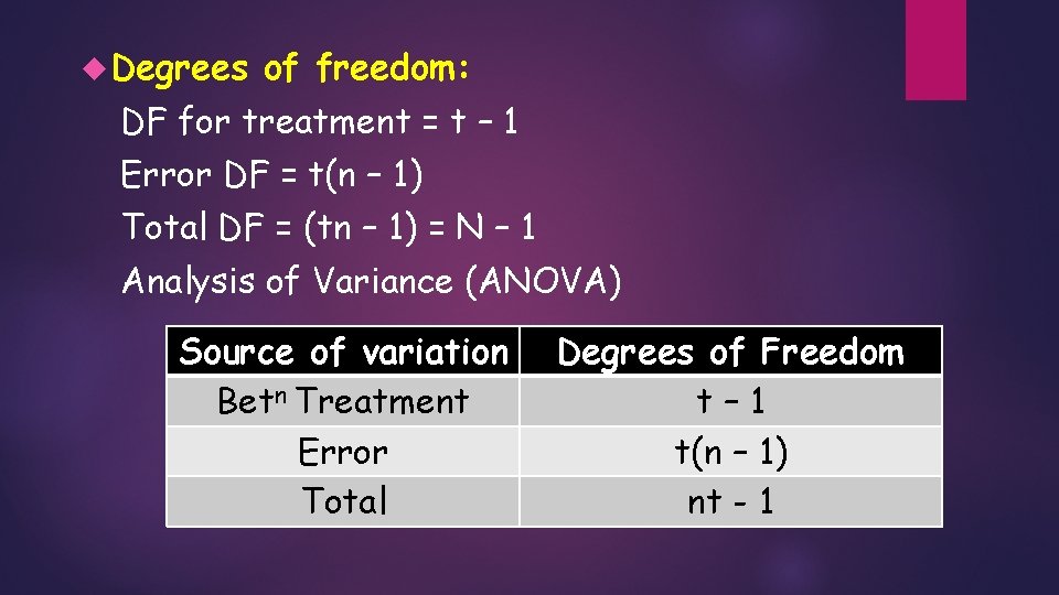 Degrees of freedom: DF for treatment = t – 1 Error DF = Degrees of freedom: DF for treatment = t – 1 Error DF =