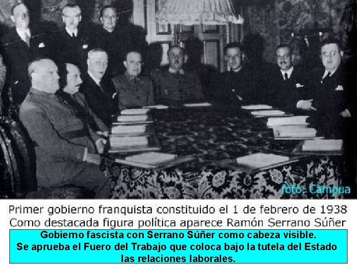 Gobierno fascista con Serrano Súñer como cabeza visible. Se aprueba el Fuero del Trabajo