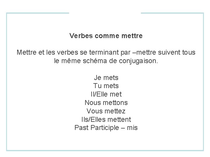 Verbes comme mettre Mettre et les verbes se terminant par –mettre suivent tous le