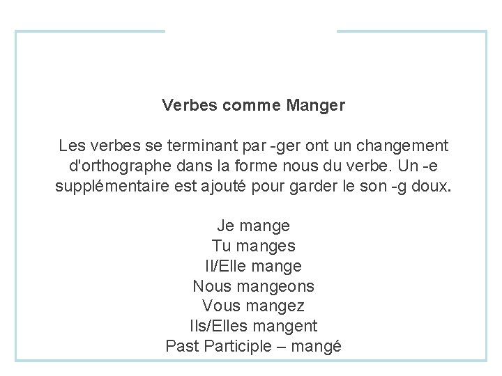 Verbes comme Manger Les verbes se terminant par -ger ont un changement d'orthographe dans