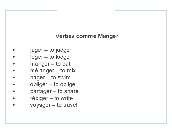 Verbes comme Manger • • • juger – to judge loger – to lodge
