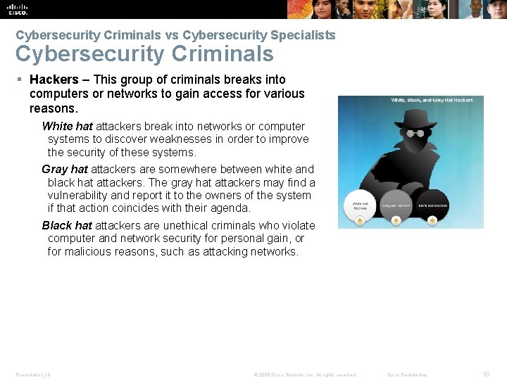 Cybersecurity Criminals vs Cybersecurity Specialists Cybersecurity Criminals § Hackers – This group of criminals