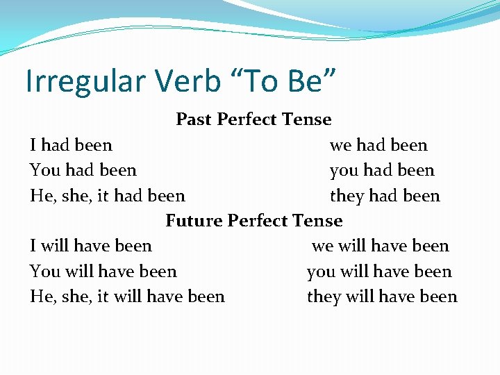 Irregular Verb “To Be” Past Perfect Tense I had been we had been You