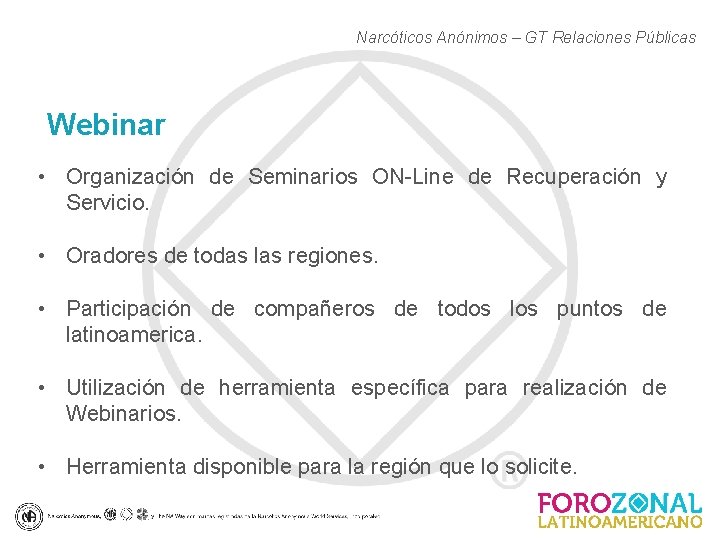 Narcóticos Anónimos – GT Relaciones Públicas Webinar • Organización de Seminarios ON-Line de Recuperación