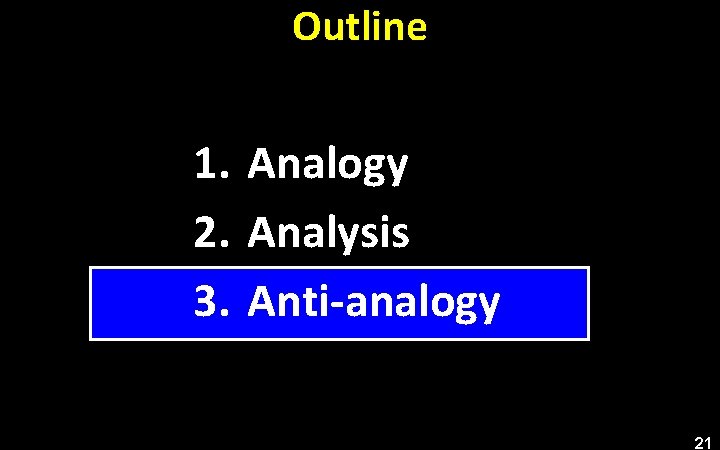 Outline 1. Analogy 2. Analysis 3. Anti-analogy 21 