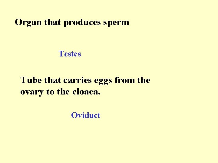 Organ that produces sperm Testes Tube that carries eggs from the ovary to the