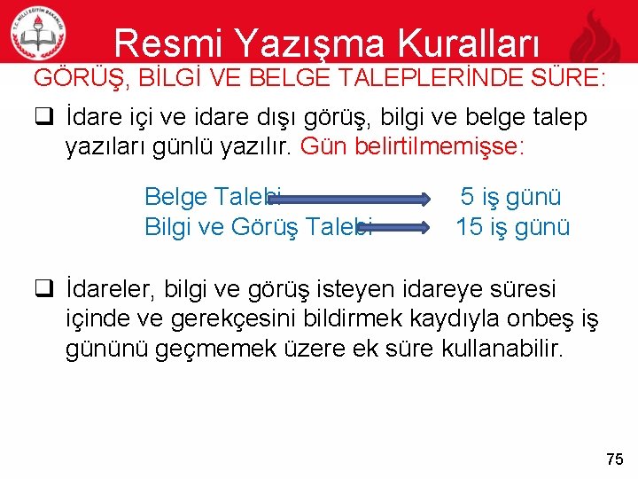 Resmi Yazışma Kuralları GÖRÜŞ, BİLGİ VE BELGE TALEPLERİNDE SÜRE: 75 q İdare içi ve