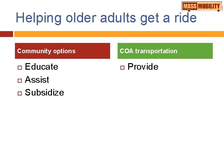 Helping older adults get a ride Community options Educate Assist Subsidize COA transportation Provide
