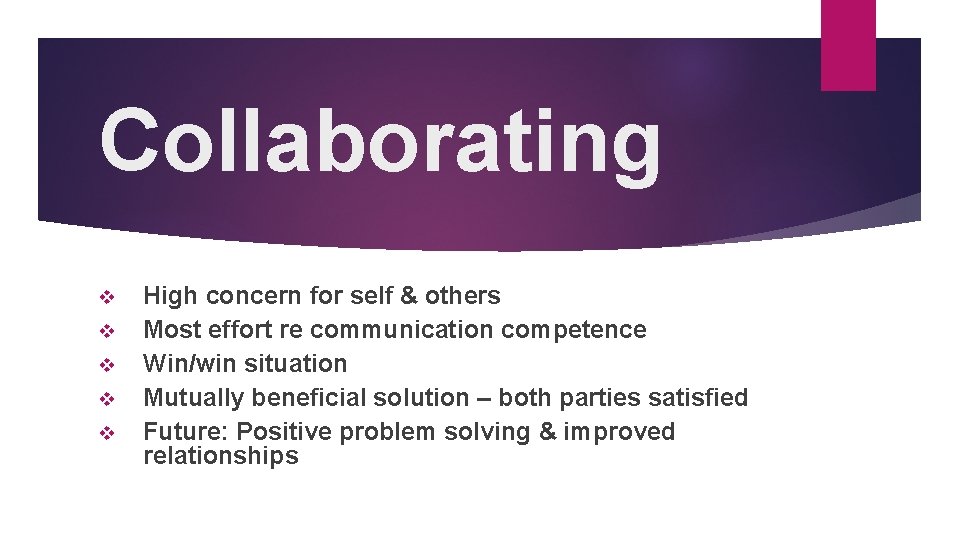 Collaborating v v v High concern for self & others Most effort re communication