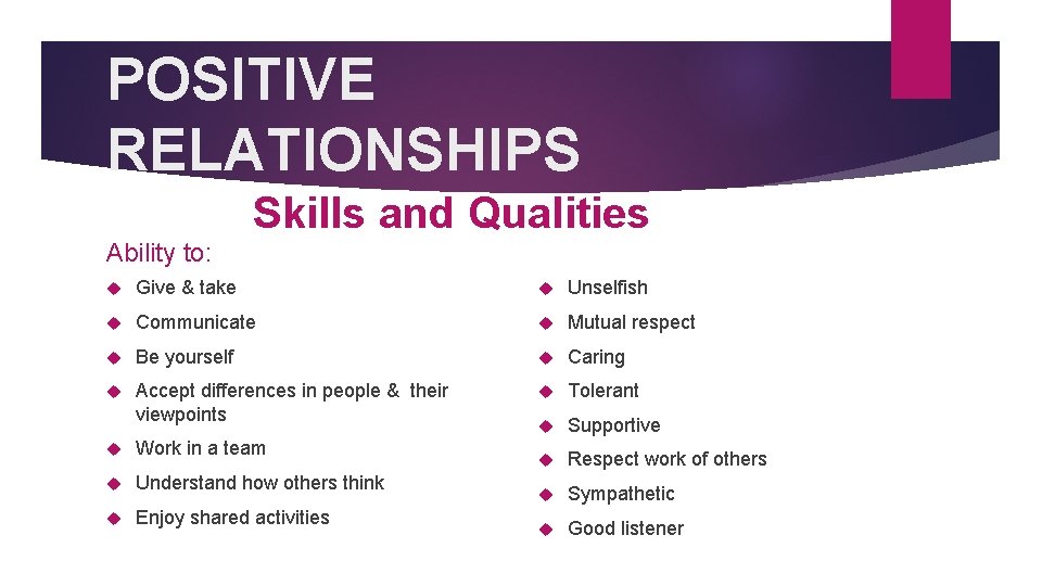 POSITIVE RELATIONSHIPS Skills and Qualities Ability to: Give & take Unselfish Communicate Mutual respect