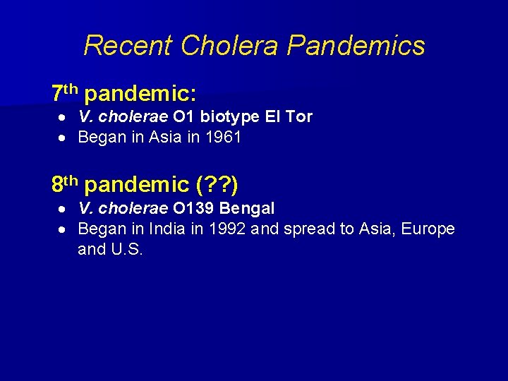 Recent Cholera Pandemics 7 th pandemic: · V. cholerae O 1 biotype El Tor