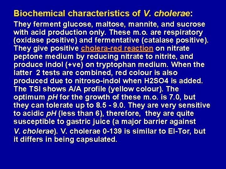 Biochemical characteristics of V. cholerae: They ferment glucose, maltose, mannite, and sucrose with acid