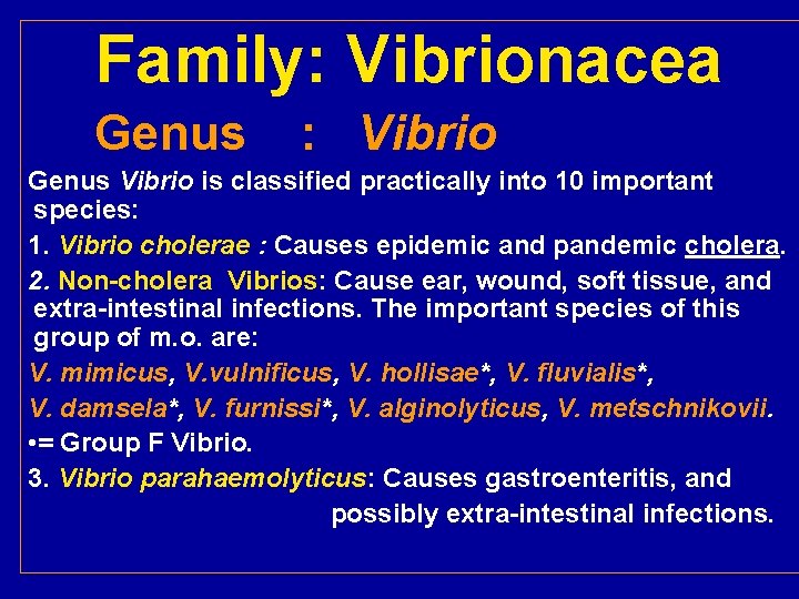 Family: Vibrionacea Genus : Vibrio Genus Vibrio is classified practically into 10 important species: