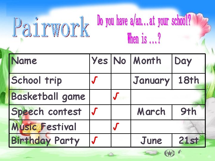 Name Yes No Month School trip √ Basketball game Speech contest Music Festival Birthday