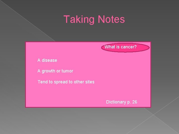 Taking Notes What is cancer? A disease A growth or tumor Tend to spread Taking Notes What is cancer? A disease A growth or tumor Tend to spread
