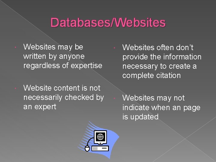 Databases/Websites may be written by anyone regardless of expertise Website content is not necessarily Databases/Websites may be written by anyone regardless of expertise Website content is not necessarily