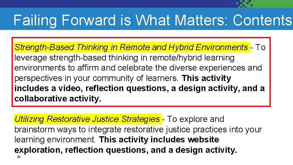 Failing Forward is What Matters: Contents Strength-Based Thinking in Remote and Hybrid Environments -