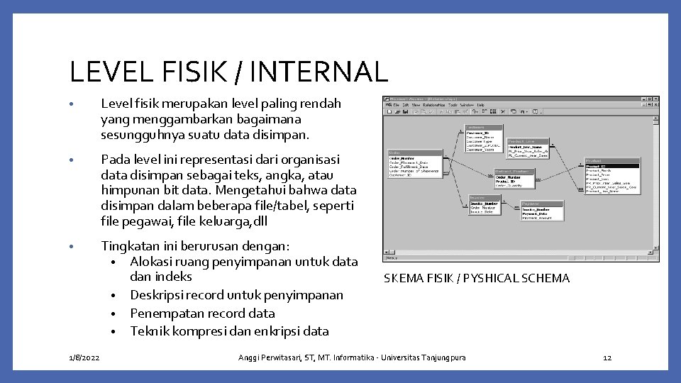 LEVEL FISIK / INTERNAL • Level fisik merupakan level paling rendah yang menggambarkan bagaimana