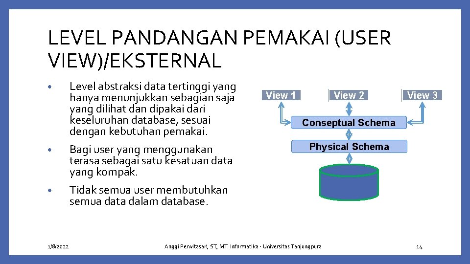 LEVEL PANDANGAN PEMAKAI (USER VIEW)/EKSTERNAL • Level abstraksi data tertinggi yang hanya menunjukkan sebagian