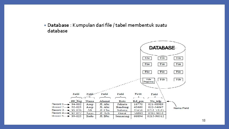  • Database : Kumpulan dari file / tabel membentuk suatu database 18 