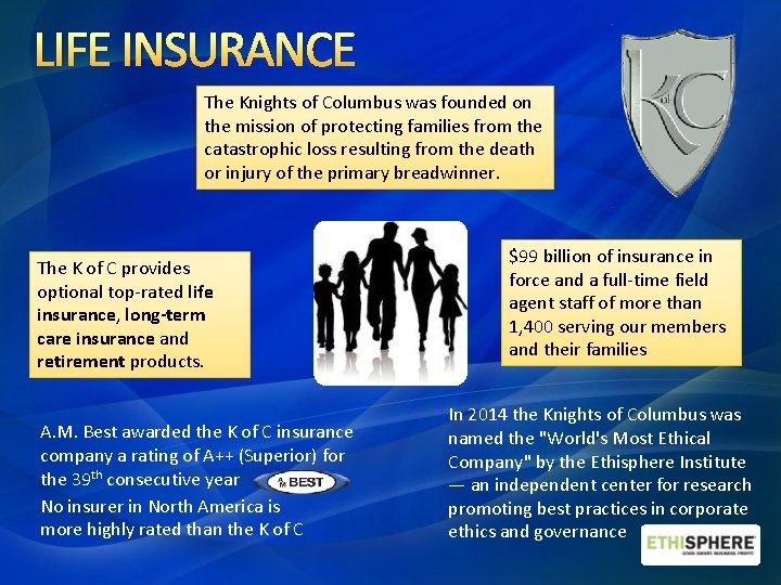 LIFE INSURANCE The Knights of Columbus was founded on the mission of protecting families