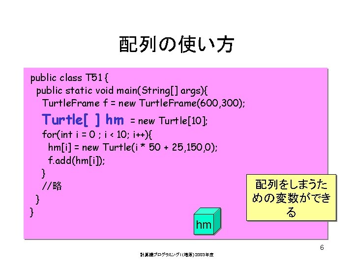 配列の使い方 public class T 51 { public static void main(String[] args){ Turtle. Frame f