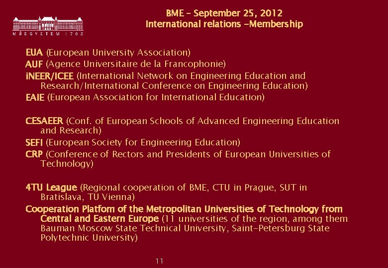 BME – September 25, 2012 International relations -Membership EUA (European University Association) AUF (Agence