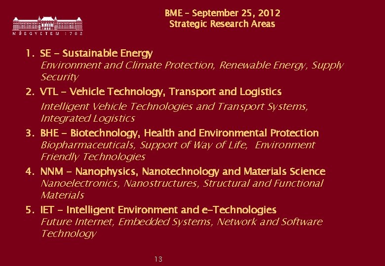 BME – September 25, 2012 Strategic Research Areas 1. SE - Sustainable Energy Environment