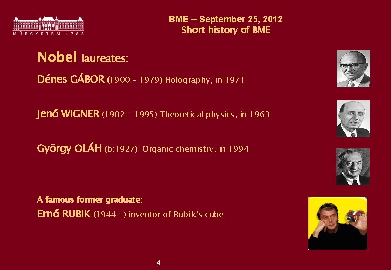 BME – September 25, 2012 Short history of BME Nobel laureates: Dénes GÁBOR (1900