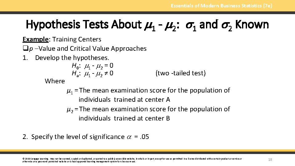 Essentials of Modern Business Statistics (7 e) Hypothesis Tests About 1 - 2: 1