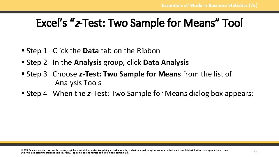 Essentials of Modern Business Statistics (7 e) Excel’s “z-Test: Two Sample for Means” Tool