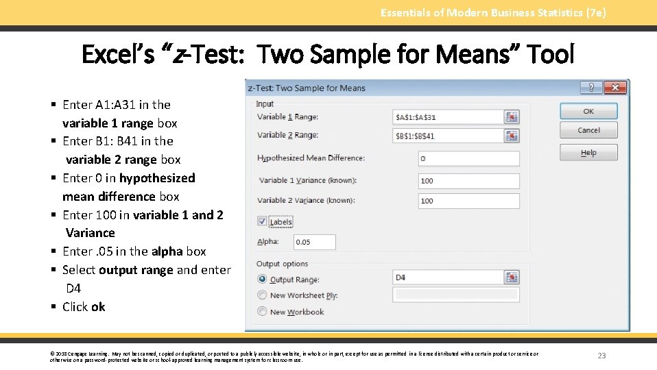 Essentials of Modern Business Statistics (7 e) Excel’s “z-Test: Two Sample for Means” Tool