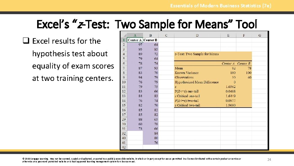 Essentials of Modern Business Statistics (7 e) Excel’s “z-Test: Two Sample for Means” Tool