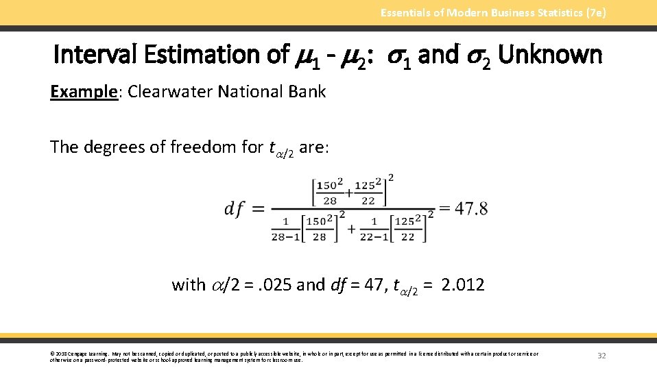 Essentials of Modern Business Statistics (7 e) Interval Estimation of 1 - 2: 1