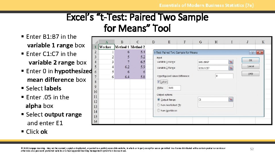 Essentials of Modern Business Statistics (7 e) Excel’s “t-Test: Paired Two Sample for Means”