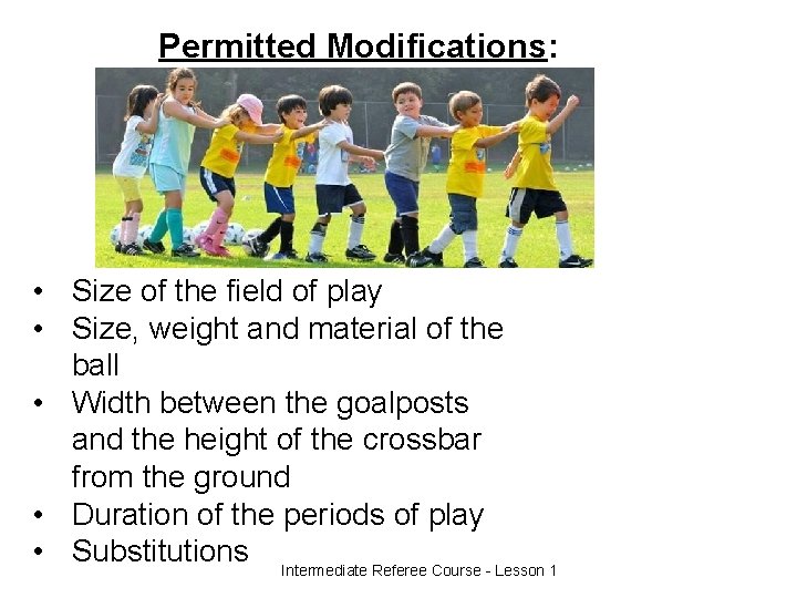 Permitted Modifications: • Size of the field of play • Size, weight and material