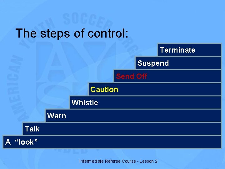 The steps of control: Terminate Suspend Send Off Caution Whistle Warn Talk A “look”