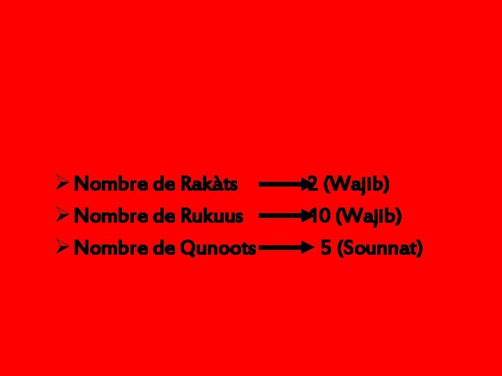 Ø Nombre de Rakàts Ø Nombre de Rukuus Ø Nombre de Qunoots 2 (Wajib)