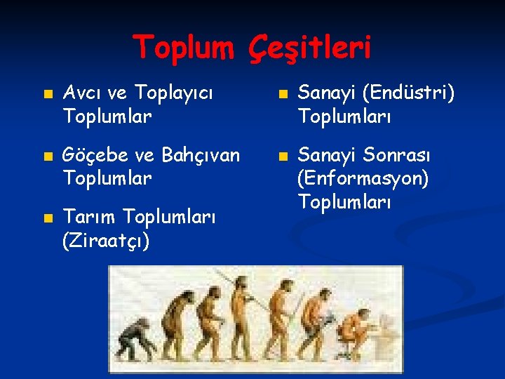 Toplum Çeşitleri n n n Avcı ve Toplayıcı Toplumlar Göçebe ve Bahçıvan Toplumlar Tarım