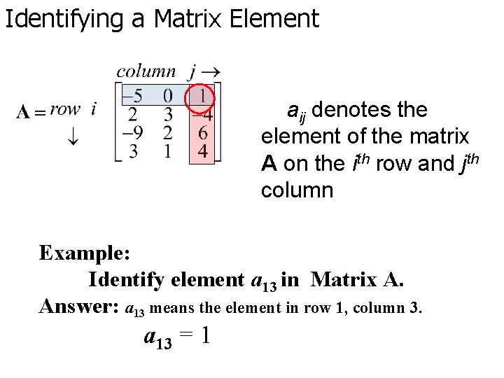 Identifying a Matrix Element aij denotes the element of the matrix A on the