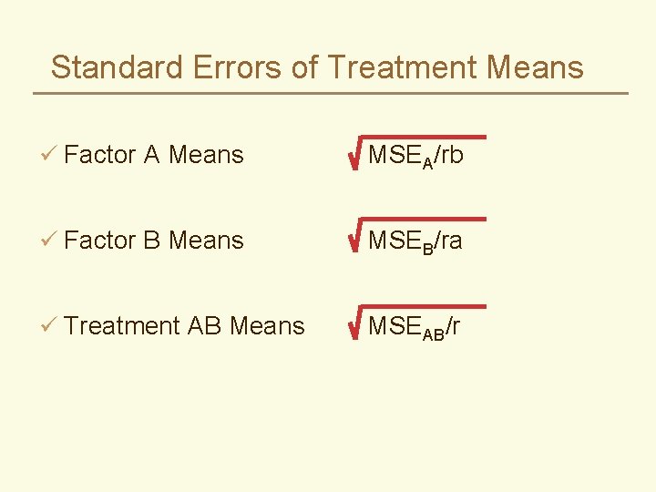 Standard Errors of Treatment Means ü Factor A Means MSEA/rb ü Factor B Means