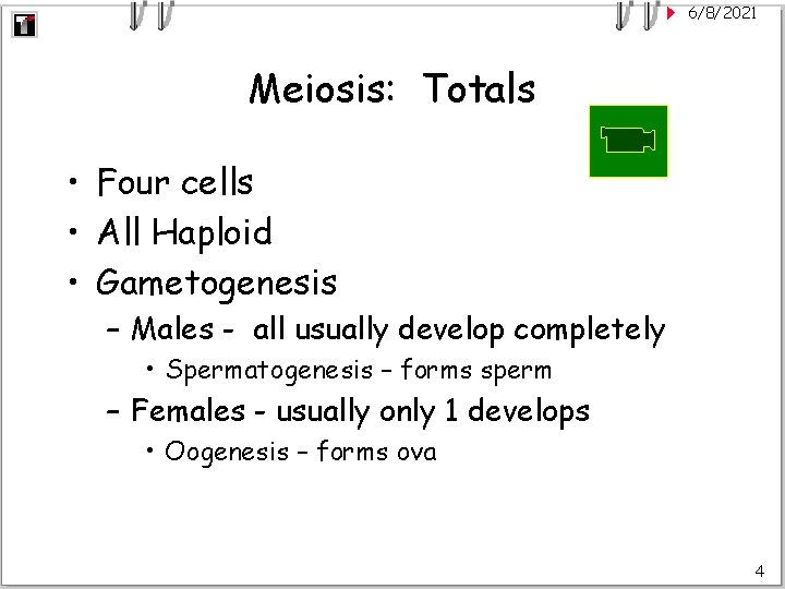 6/8/2021 Meiosis: Totals • Four cells • All Haploid • Gametogenesis – Males -